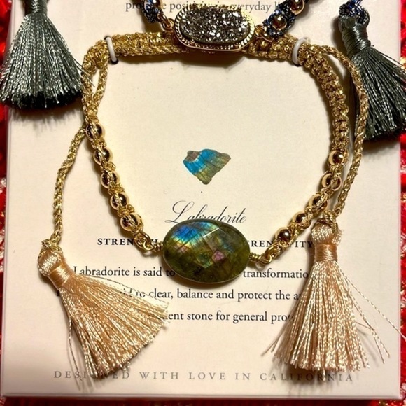 Brand New Luna Norte 14K Gold Plated Brass Adjustable Bracelet Set Druzy Quartz - Picture 4 of 12